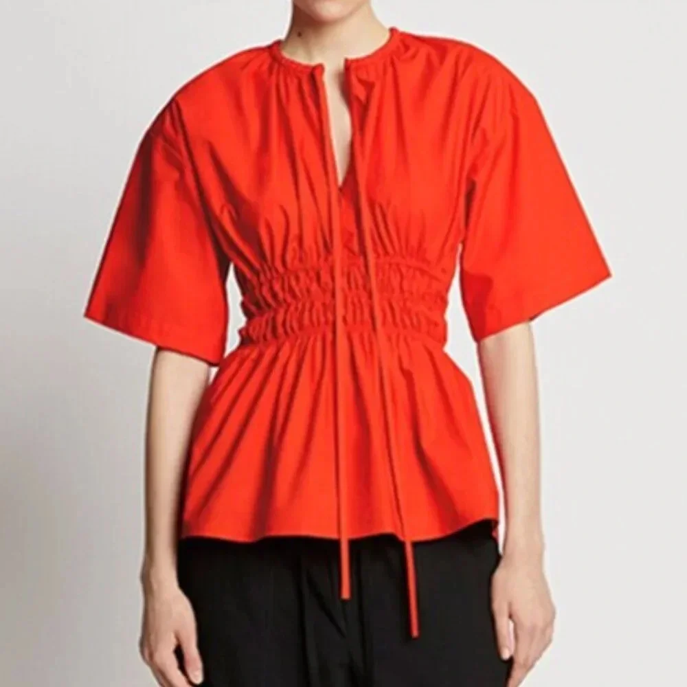 New! Proenza Schouler White Label Poplin Drawstring Blouse Orange 26174